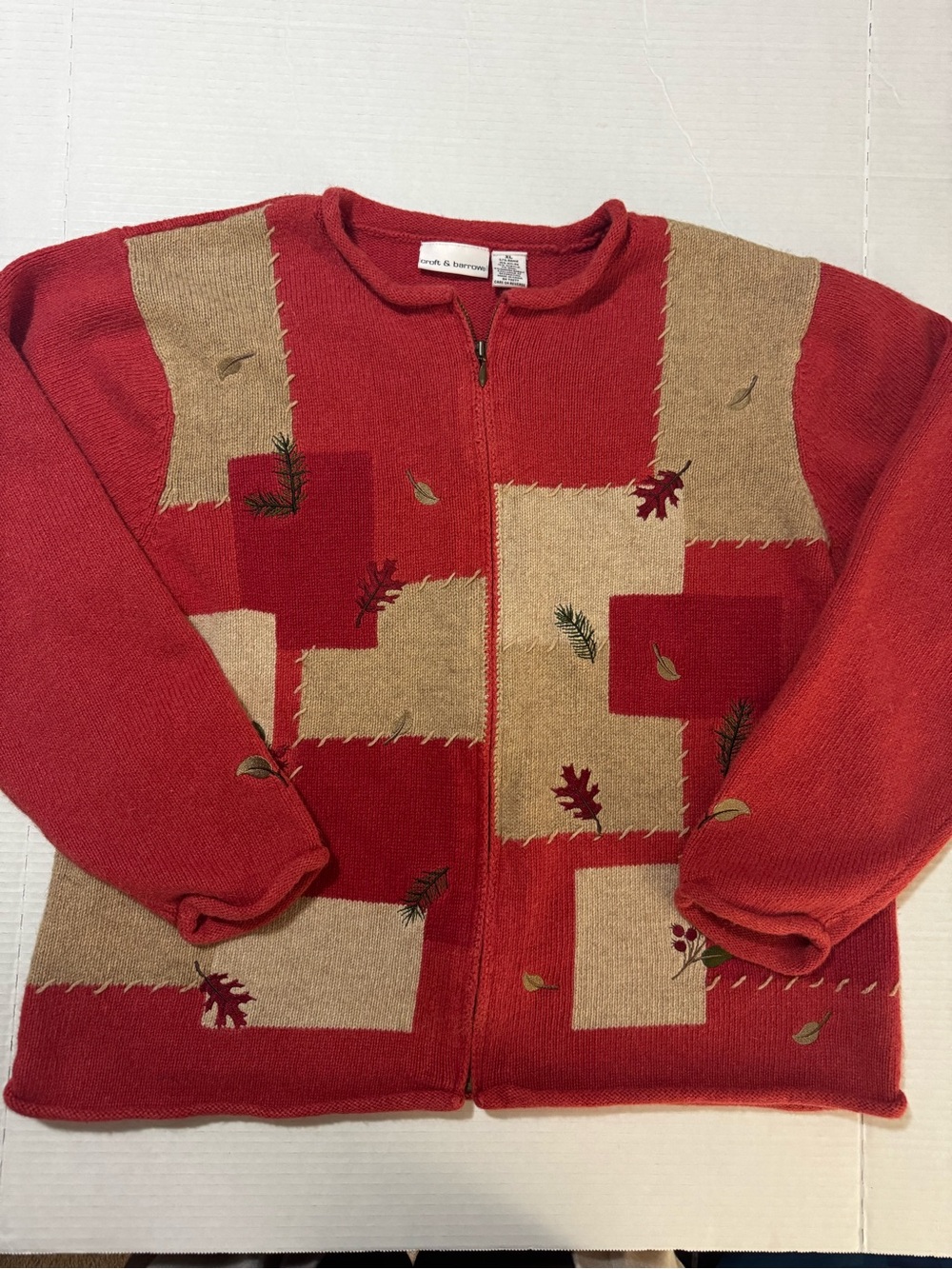 Vintage 90s Croft & Barrow Patchwork Fall Leaves Cardigan Sweater XL (236)